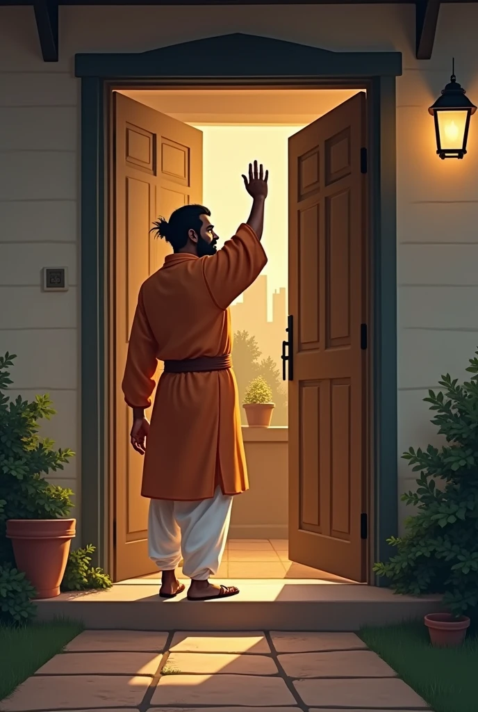 One Indian person knock the another person house door for go to the inside