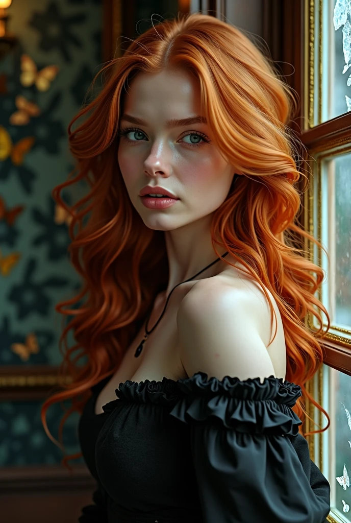 (solo, full body photo:1.3), (action packed:1.3), (haze, fog, mist:1.3), chiaroscuro, best quality, photorealistic, 1woman, (cute), (24yo:1.2), redhead, long ginger hair highly detailed, 1700'S, digital photography, art by artgerm and ruan jia and greg rutkowski surreal painting gold butterfly filigree, broken glass, (masterpiece, sidelighting, finely detailed Fashionable eyes: 1.2) (perfect oval large eyes that gazes at the viewer), beautiful detailed face, blue gorgeous perfect eyes, (blonde hair ponytail), (attractive young woman:1.3), (thick amazing hair), (seductive:1.1), (blushing:1.1)