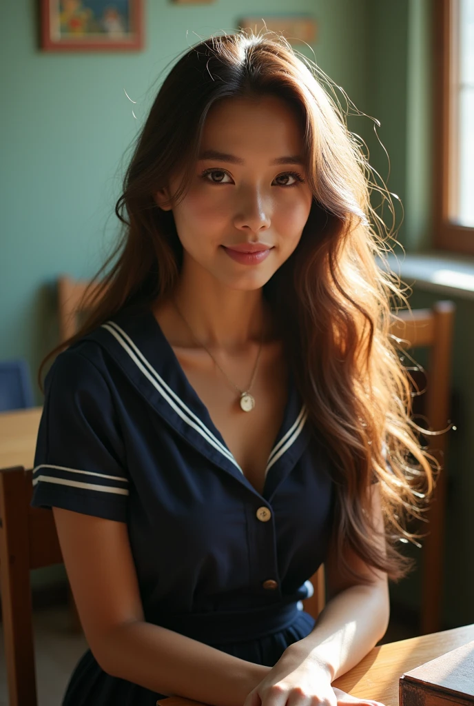 Highest quality, Face Focus, Soft Light, Ultra-high resolution, (Realistic:1.4), RAW Photos, 1 Japan, alone, cute, (A shy smile:0.5), (Brown eyes, Light in your eyes), Beautiful face in every detail, (Small box),(High resolution detail of human skin texture), (Long Hair), break, In the classroom,Navy uniform, Best, skirt,Large Bust