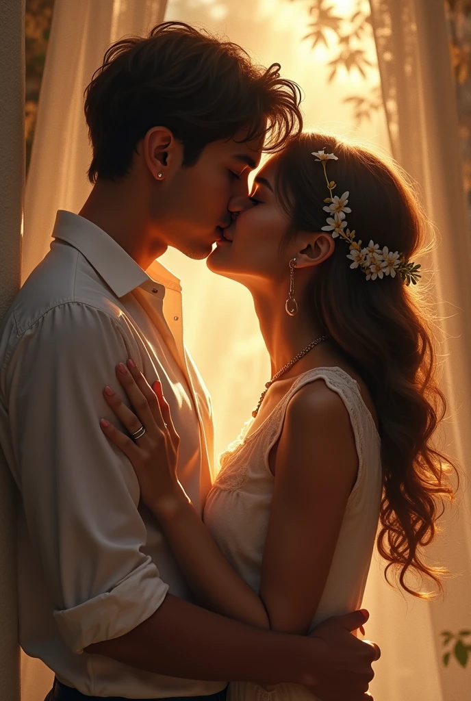 A boy and a very beautiful girl with cute face ....a boy is hugging his beautiful girlfriend and also kissing her lips by his lip deeply where both are immersed in a state of deep and divine love and romance 