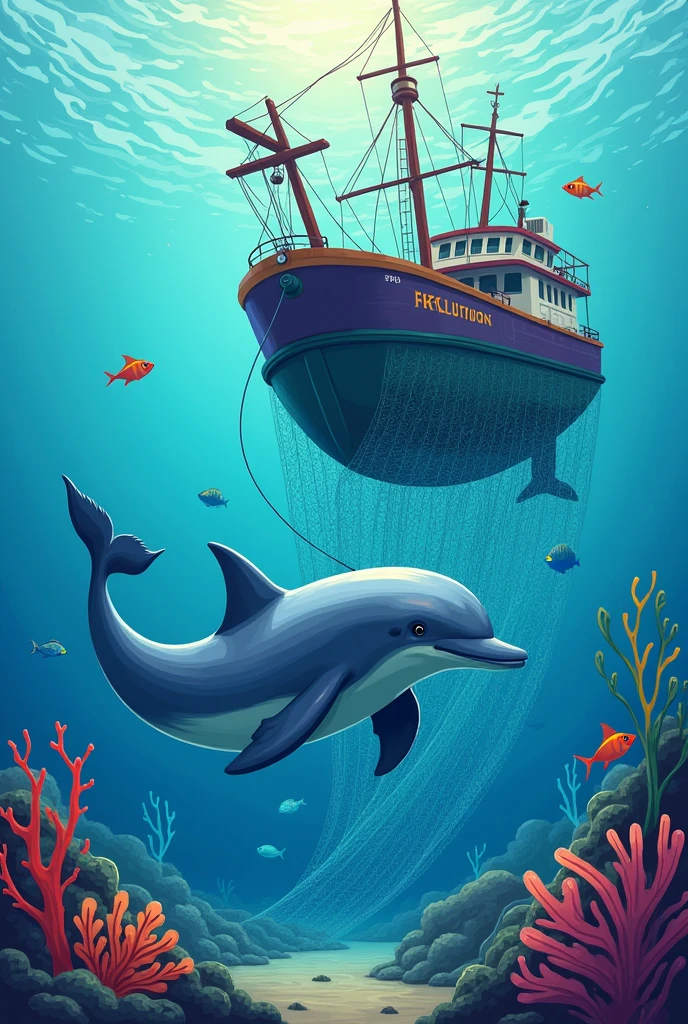 dolphin with only its tail caught in an industrial fishing net in the sea of a huge fish fishing vessel underwater, clearer image with more sea elements, more colorful and for children





