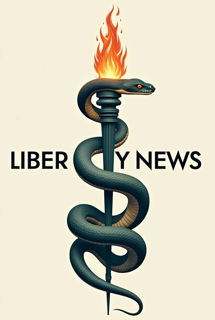 Cobra snake wrapped around a torch similar to the Statue of Liberty's torch, with capital letters in the middle of the image "libertary news" . Minimalist profile
