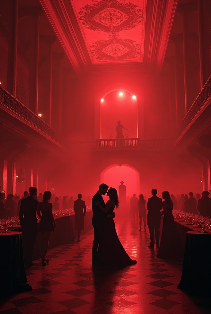 huge, a very large gothic ballroom, filled with red light, with high painted ceilings. The hall is scary and gloomy, inside him dance the dark and gloomy, but beautiful, people in long dresses or suits. There are small round tables at the edges., with an abundance of glasses of wine. People dance a waltz in pairs on a large dance floor in the middle. There is a beautiful balcony at the very end of the hall., On it stands the host of the ball, shrouded in darkness and watching the celebration.
