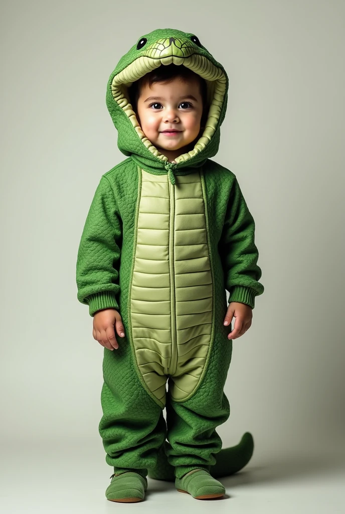 Full length portrait of a 2 year old child standing wearing a snake costume