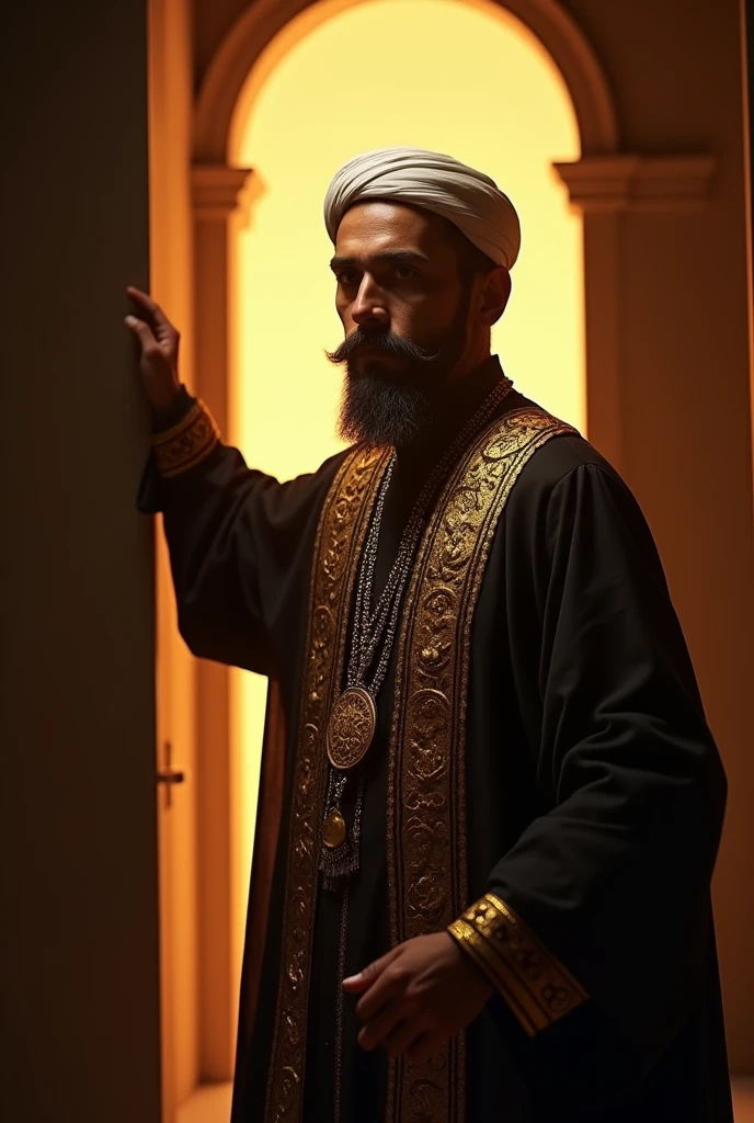 a muslim man, wearing religious balenciaga attire, no beard, long mustache, embroidered clothing, arm extended showing door, mutamir el cid, photorealistic, 8k, extremely detailed facial features, detailed eyes, detailed lips, detailed skin texture, realistic lighting, high quality, intricate details, cinematic, dramatic lighting, warm color tones