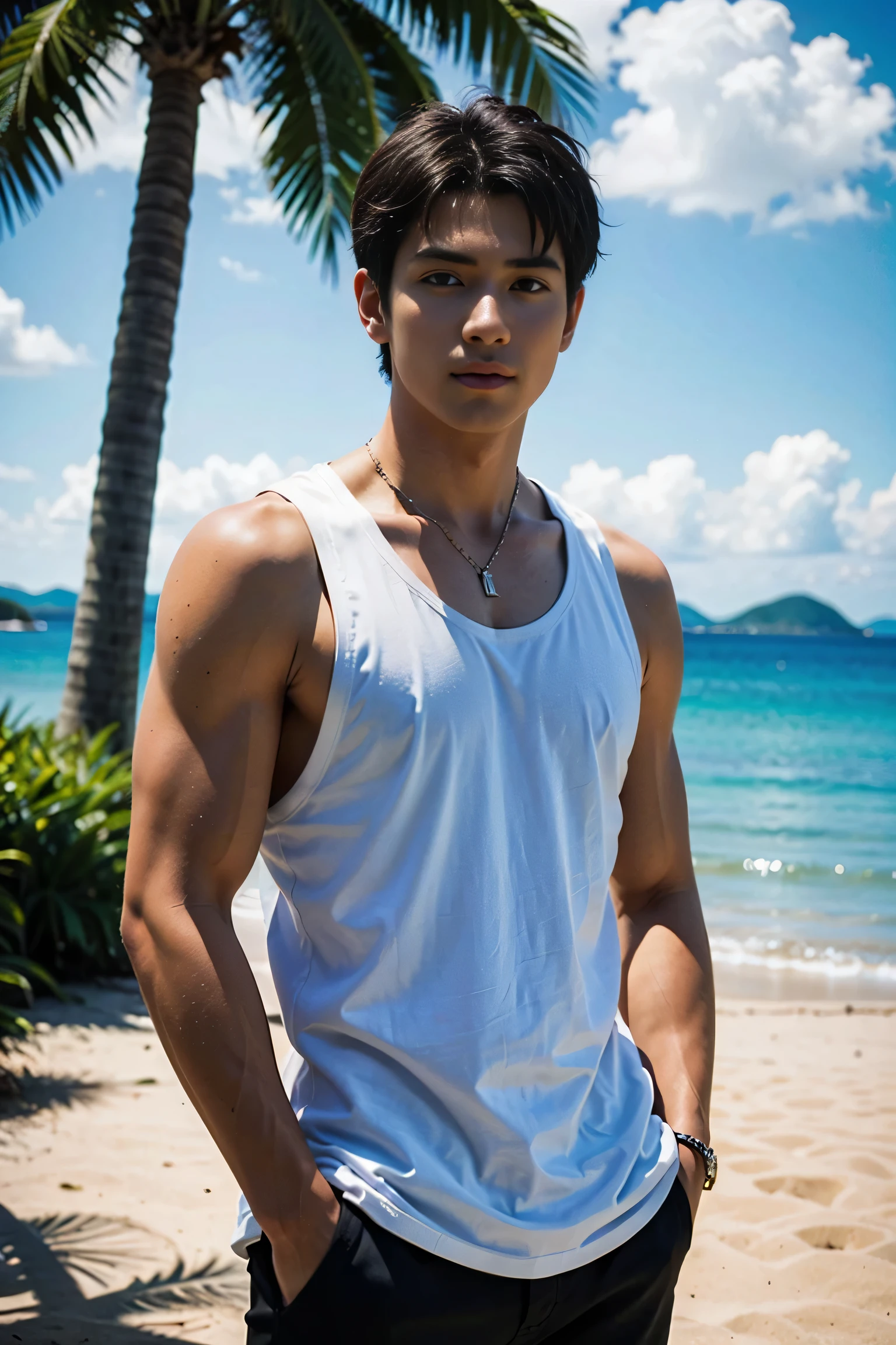 1boy, male_focus, outdoors, black_hair, solo, hands_in_pockets, tree, palm_tree, tank_top, looking_at_viewer, pants, realistic, black_pants, beach, blurry, day, shirt, blurry_background, short_hair, sky, closed_mouth, cloud, white_shirt, sleeveless, white_tank_top