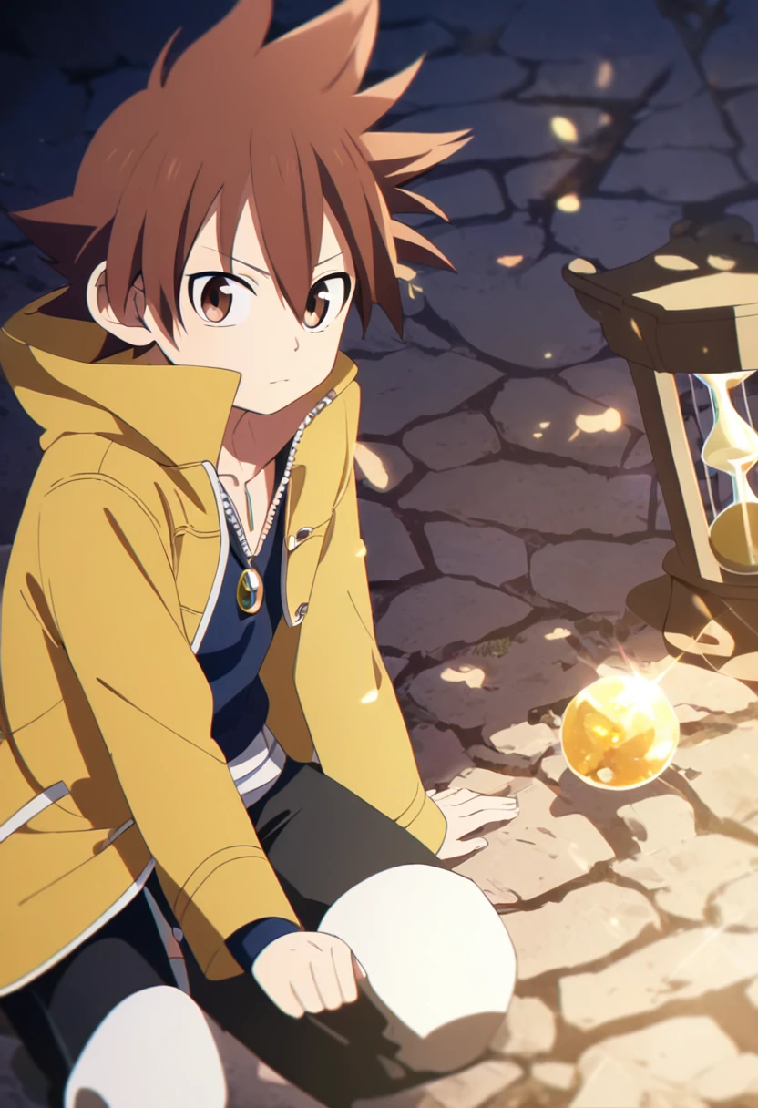 1boy, solo, litle, fairy tail, brown hair, brown eyes, yellow jacket, black Pants, hourglass pendant, arrogant look,