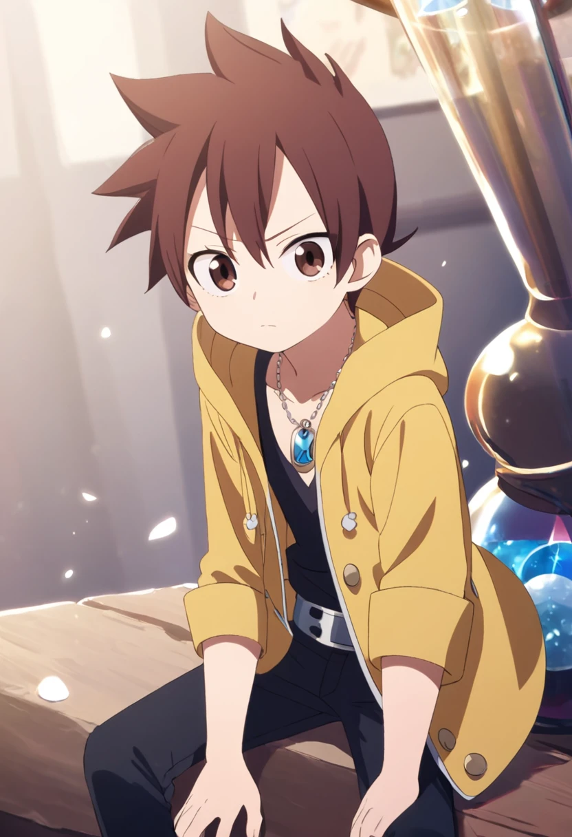 1boy, solo, litle, fairy tail, brown hair, brown eyes, yellow jacket, black Pants, hourglass pendant, arrogant look,