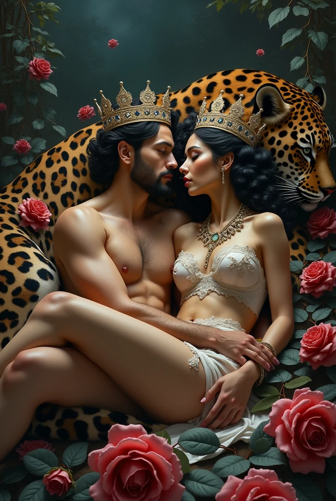 Man and woman wearing a crown and lying with a jaguar in a place full of roses and a dark background 