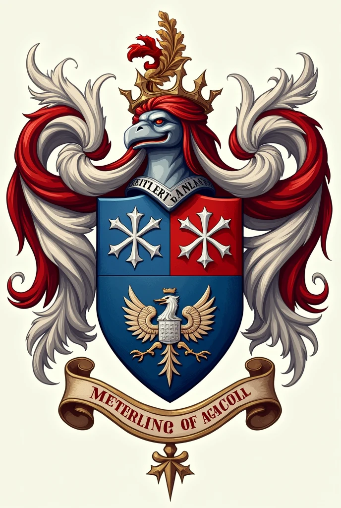 Create a school crest with the colors red, blue and white  