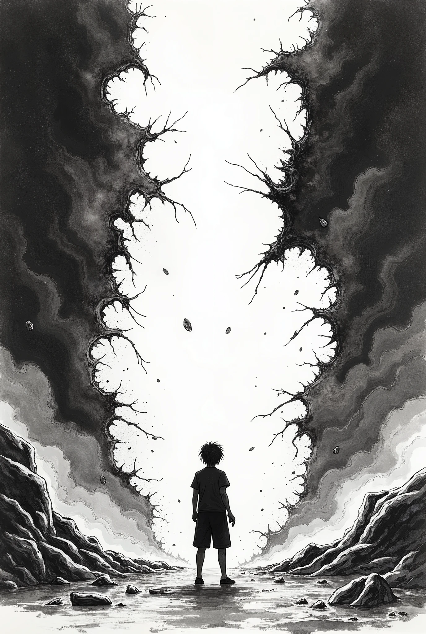Ink Painting。Background is the collapse of the sky,The scene was very shocking。Size is 600*800 pcs。The sky above cracked,To create a vast sky that seems endless,160pk。Below is the broken earth,The mountain is broken,To account for 200pk。A person standing on the ground,Knee bending,Look up at the sky with a determined look,High 80pk。Leave space on left and right。