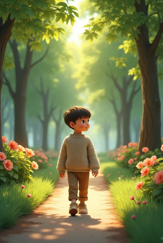 A boy wearing a sweater walks in a park.