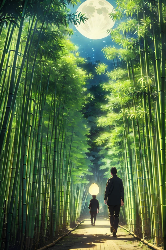 Bamboo Forest,Bamboo forest illuminated by moonlight, pale light a man walking in the middle of the bamboos