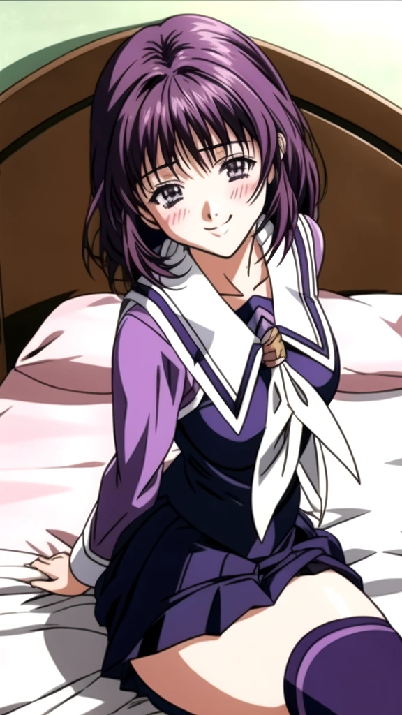 Anime illustration Yoshizuki_Iori, 1 person, School_uniform_purple_shirt_green_skirt_white_neckerchief_black_Knee socks, blush, Cute Smile, (She lies on a bed and lies on her back with her arms raised:1.2), Two Arms, (cowboy shot:1.2), gravure,