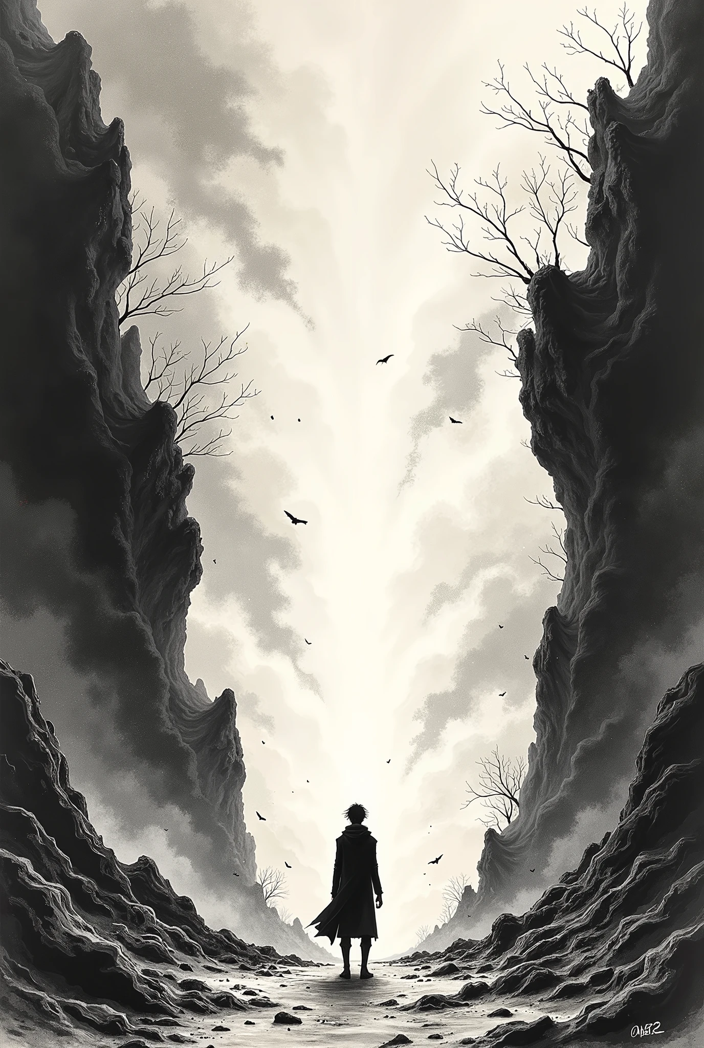 Ink Painting。Background is the collapse of the sky,The scene was very shocking。Size is 600*800 pcs。The sky above cracked,To create a vast sky that seems endless,160pk。Below is the broken earth,The mountain is broken,To account for 200pk。A person standing on the ground,Knee bending,Look up at the sky with a determined look,High 80pk。Leave space on left and right。
