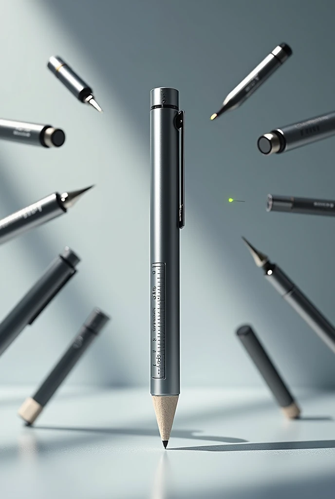 You can create a modular pencil that can have its tips changed.? Realistic and commercial-like style, around are the interchangeable tips, that the pencil includes a level, a ruler and a clip to stick it to the shirt, to show the functions it can do as a laser pointer or changing tips