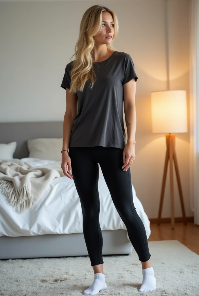 Hot blonde 35 year old woman standing in bedroom wearing tight t-shirt and longe black legging yoga pants and short white socks. Show legs and feet with white short socks