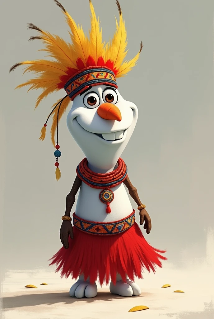 Olaf (from the movie Frozen) with Awajun men's suit (a headband of yellow and red feathers; Red skirt; without pole; and two strips of red and black beads that go like bands (crusades) one on each side) and happy