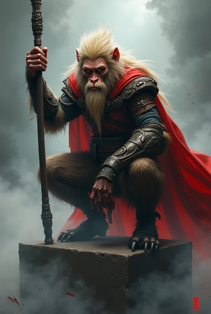 Chinese mythology character, Black myth Wukong, human like face, money beard, human like body monkey fur, The warrior is crouching on a pedestal, holding a long, ornate staff in one hand. He has fur-covered body, with a mane of wild, golden hair and a fierce, determined expression. His face is painted with tribal markings, and he wears a mix of armor and tattered cloth, with a red cape billowing behind him. The background is misty and atmospheric, with clouds and smoke swirling around, giving the scene a mystical, otherworldly feel. The color palette should include dark and muted tones, with striking red accents