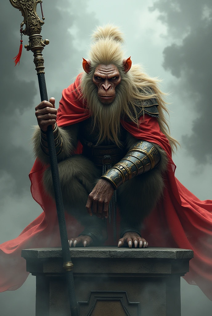 Chinese mythology character, Black myth Wukong, human like face, money beard, human like body monkey fur, The warrior is crouching on a pedestal, holding a long, ornate staff in one hand. He has fur-covered body, with a mane of wild, golden hair and a fierce, determined expression. His face is painted with tribal markings, and he wears a mix of armor and tattered cloth, with a red cape billowing behind him. The background is misty and atmospheric, with clouds and smoke swirling around, giving the scene a mystical, otherworldly feel. The color palette should include dark and muted tones, with striking red accents
