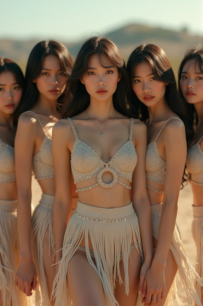 I'm taking photos for a new concept album. Create a concept photo of a girl group wearing outfits with fringes blowing in the gentle breeze