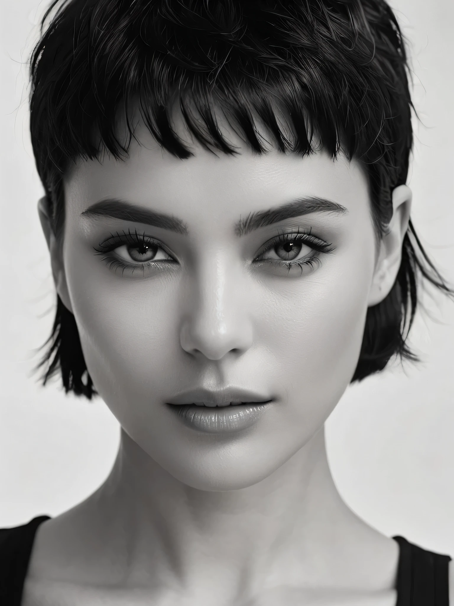 campaign photo of fashion brand, monochrome film photo, close-up of women's face, simply monochrome background, her eyes are looking viewers, very short hair, textured skin, closed mouth, black sleeveless tops, cool and stylish expressions, hyperdetailed skin, hyperrealistic, 8k, UHD, artistic photography, mode, vogue, high fashions