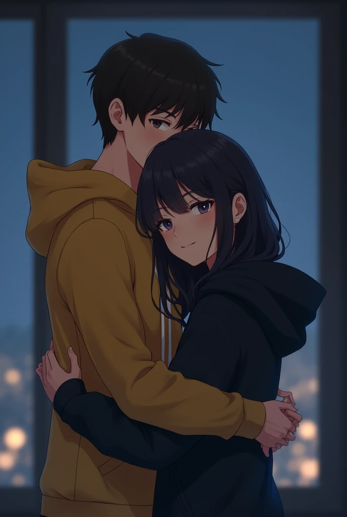 Can you make 2 people hugging in night time behind the them is window their faces blurry boy wearing yellow hoodies with hoodies hat hugging girl in her waist she wearing black hoodie, and she hugging boy in his neck, boy laying his head on the girls shoulder