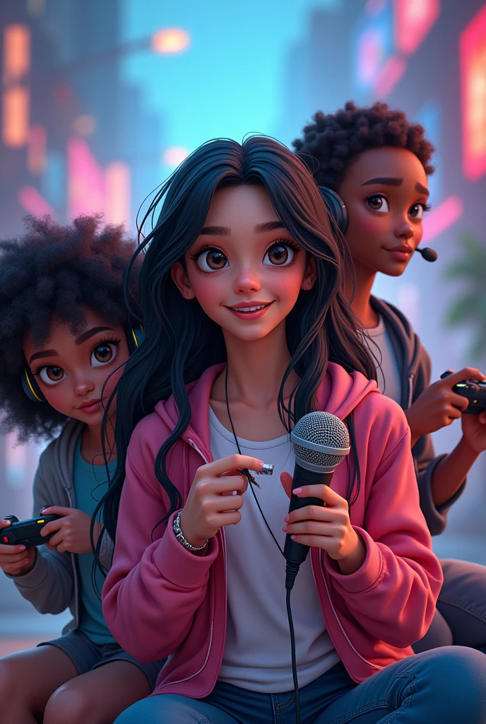 Create a photo with a girl with long black hair and white skin color and in her hands a microphone, Next to her there was a curly-haired boy with dark skin and a play controller in his hands., Next to the boy is a girl with short wavy hair and dark skin wearing headphones.