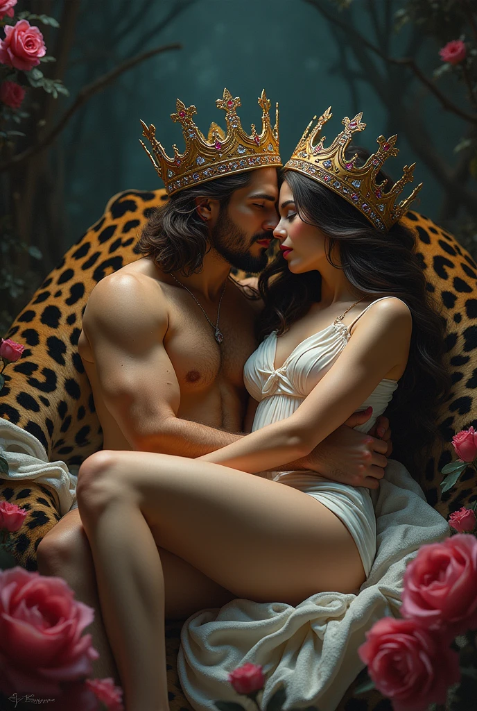 Man and woman wearing a crown and lying with a jaguar in a place full of roses and a dark background