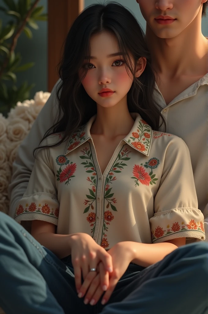 Asian girl wearing an Argentinian shirt sitting on a man's lap