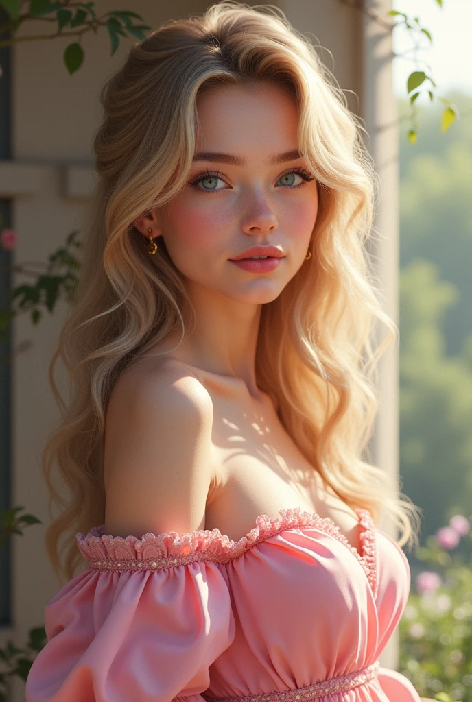 1 fille, une magnifique jeune femme à la peau claire et aux cheveux blonds lâches et ondulés avec des racines brunes, des yeux bleu vif, portant une robe rose.