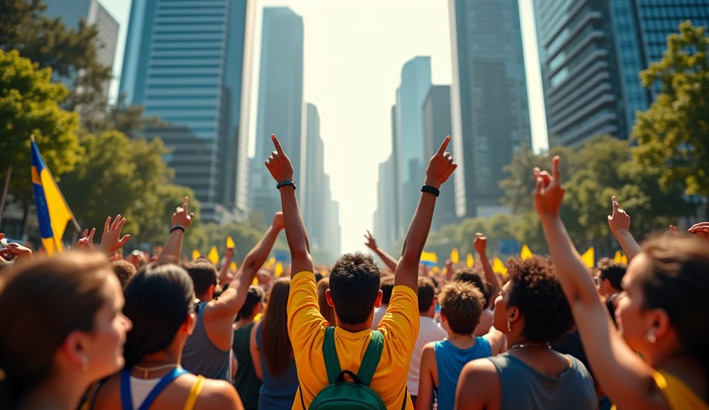 a crowd in front of tall buildings, rooting for politicians, looking forward and smiling in brazil