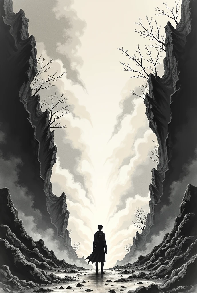 Ink Painting。Background is the collapse of the sky,The scene was very shocking。Size is 600*800 pcs。The sky above cracked,To create a vast sky that seems endless,160pk。Below is the broken earth,The mountain is broken,To account for 200pk。A person standing on the ground,Knee bending,Look up at the sky with a determined look,High 80pk。Leave space on left and right。