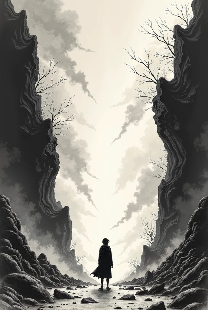 Ink Painting。Background is the collapse of the sky,The scene was very shocking。Size is 600*800 pcs。The sky above cracked,To create a vast sky that seems endless,160pk。Below is the broken earth,The mountain is broken,To account for 200pk。A person standing on the ground,Knee bending,Look up at the sky with a determined look,High 80pk。Leave space on left and right。