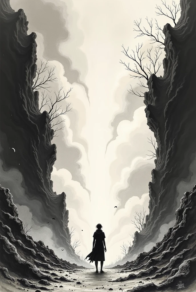 Ink Painting。Background is the collapse of the sky,The scene was very shocking。Size is 600*800 pcs。The sky above cracked,To create a vast sky that seems endless,160pk。Below is the broken earth,The mountain is broken,To account for 200pk。A person standing on the ground,Knee bending,Look up at the sky with a determined look,High 80pk。Leave space on left and right。