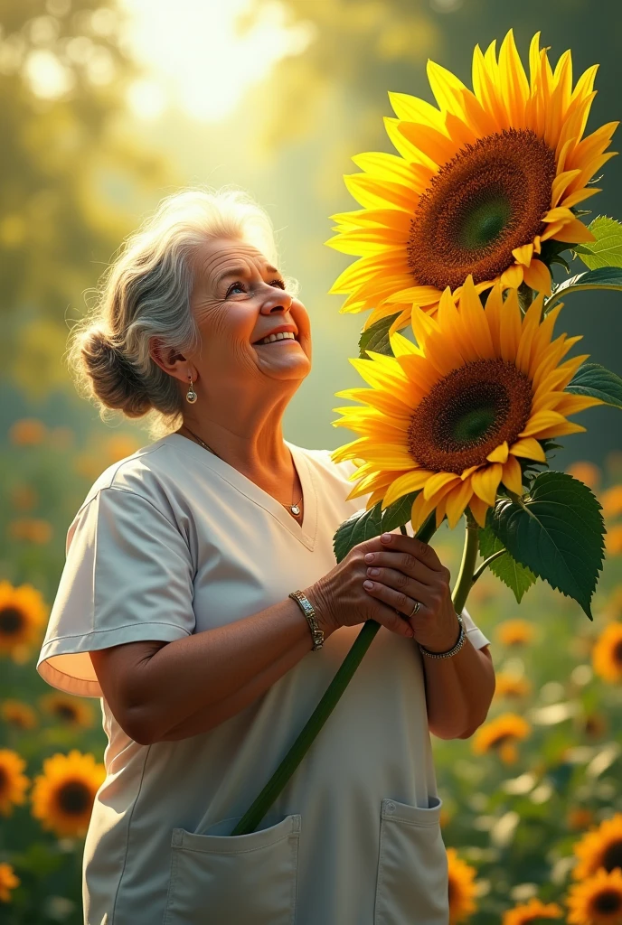 A fat old woman, 60 year old fat woman, Nurse, mulher vestida de Nurse, holding a giant sunflower in his hand, giant and realistic sunflower, beautiful sunflower, Holding a sunflower in your hand