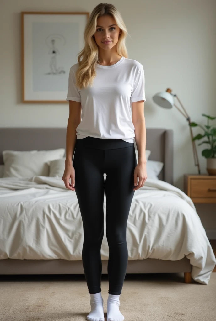 Hot blonde 35 year old woman standing in bedroom wearing tight t-shirt and longe black legging yoga pants and short white socks. Show legs and feet with white short socks 
