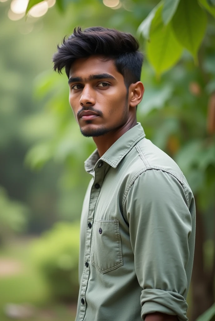 17 year old Indian boy handsome wearing normal dress posing for name Nadeem lalkila in background