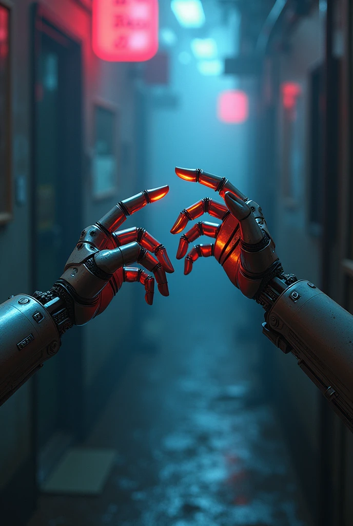 2 robotic arms trying to reach to eachother with neon lights reflection on their metal skin.cyberpunkish and the arms features like a human hand. Fregile and one girlish one hand of a man. Like a digital painting. Not so realistic. Representing horror and terror. Kinda sad environment. Each hands shoud have 5 fingers