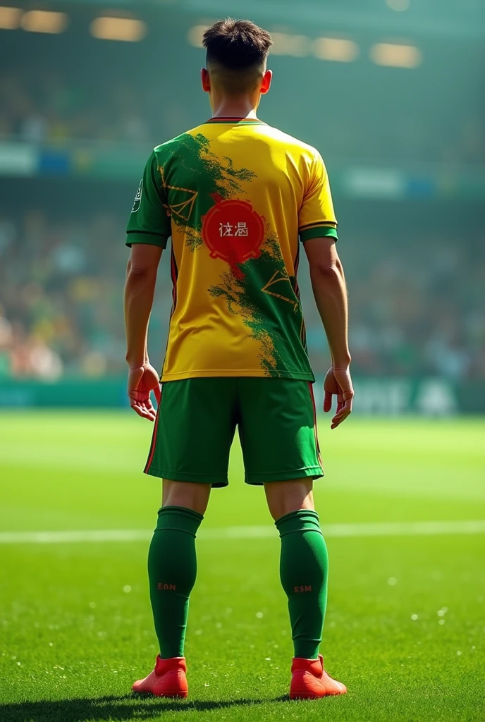 A football jersey with a new design using green colors, yellow and red