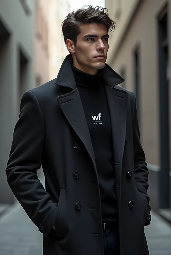 Young man in a coat with small Logan written on the chest "WF"