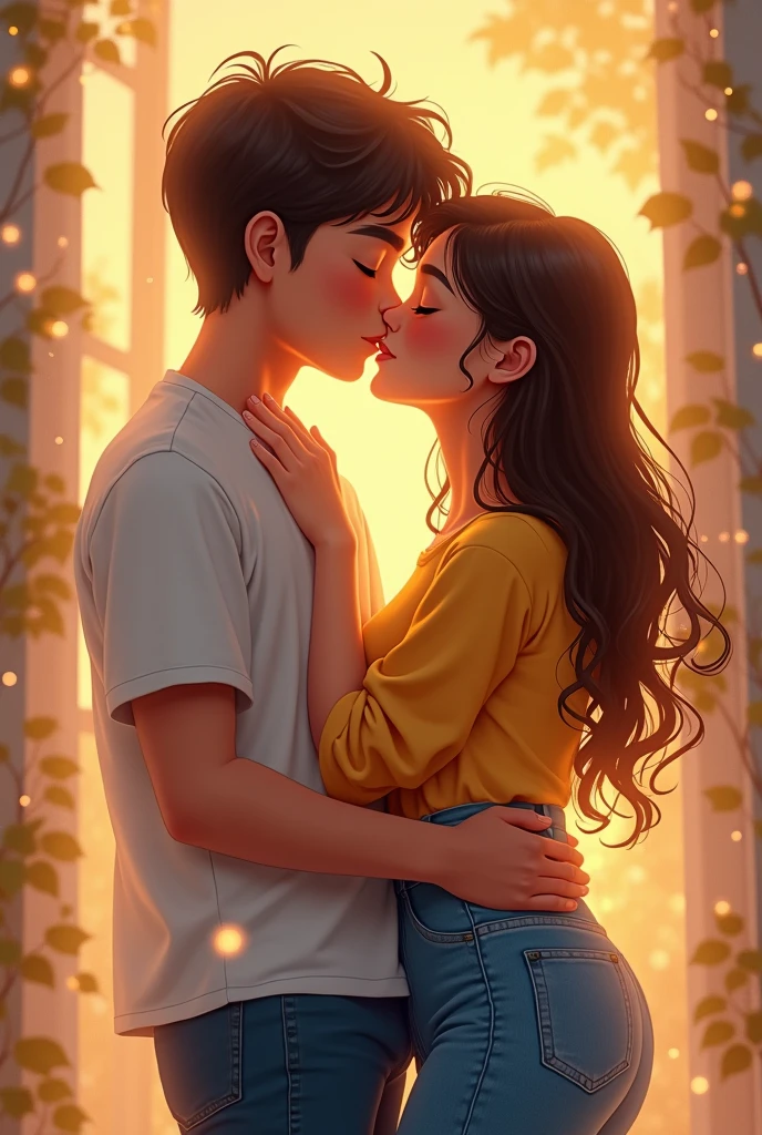 A boy and a very beautiful girl with cute face ....a boy is hugging his beautiful girlfriend and also kissing her lips by his lip deeply where both are immersed in a state of deep and divine love and romance ( the girl is wearing yellow top and blue jeans )