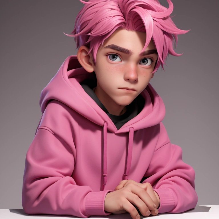mysterious teenage boy, pink hair, wearing a black hoodie with a pink hoodie strap, funny picture, sitting half body visible behind the table, close up facing straight into the camera like a youtuber with a white background