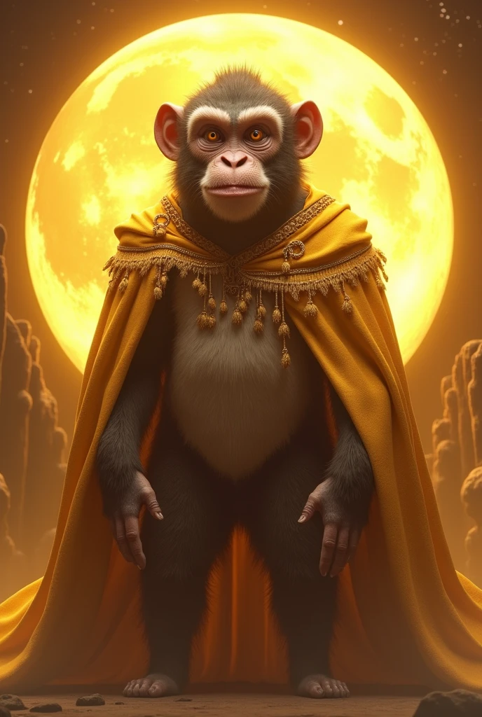 A two meter long monkey with a wide smile wearing golden cloak and standing besides a golden moon