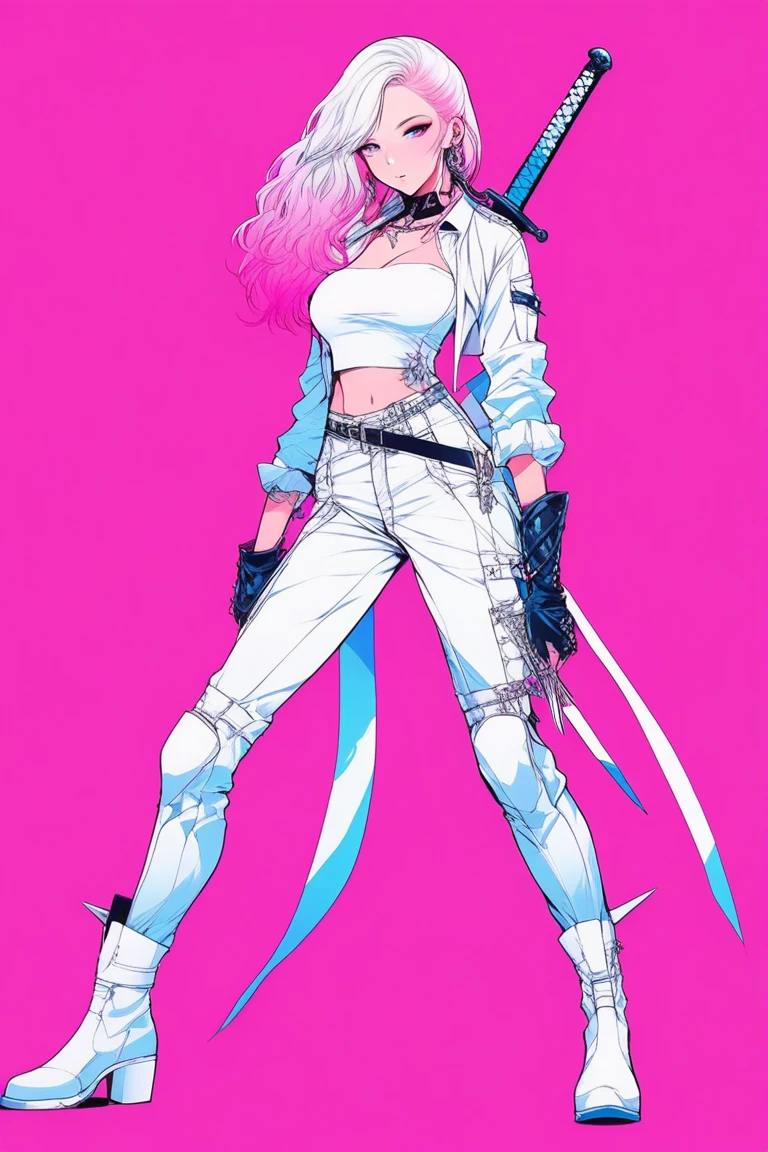 Illustrator, anime , Realistic ,sketch , 1 person, model, Age 25, lip, Sexy and revealing, wearing a crop-like top and white trousers with long white boots , two swords at her back , order, Blue and pink gradient background, Neon Hair, Big Breasts, Her cleavage is visible, look back, whole body, Sexy look, Texture Trim, Russia, (masterpiece,Highest quality)