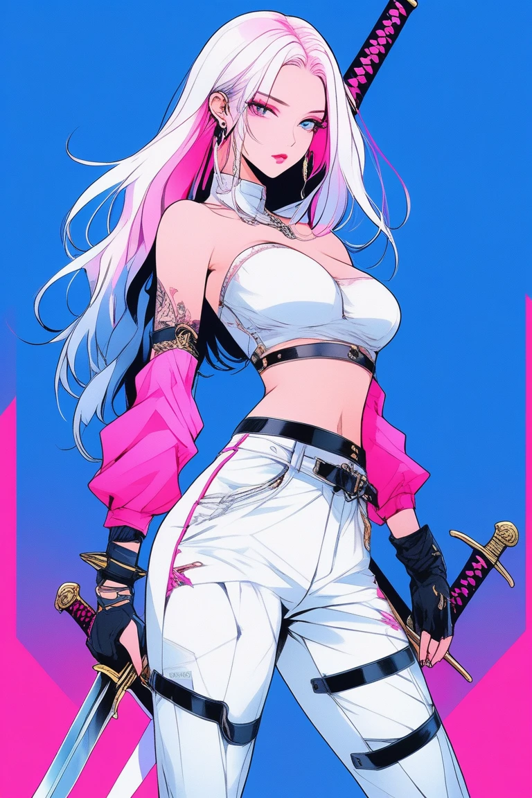 Illustrator, anime , Realistic ,sketch , 1 person, model, Age 25, lip, Sexy and revealing, wearing a crop-like top and white trousers with long white boots , two swords at her back , order, Blue and pink gradient background, Neon Hair, Big Breasts, Her cleavage is visible, look back, whole body, Sexy look, Texture Trim, Russia, (masterpiece,Highest quality)