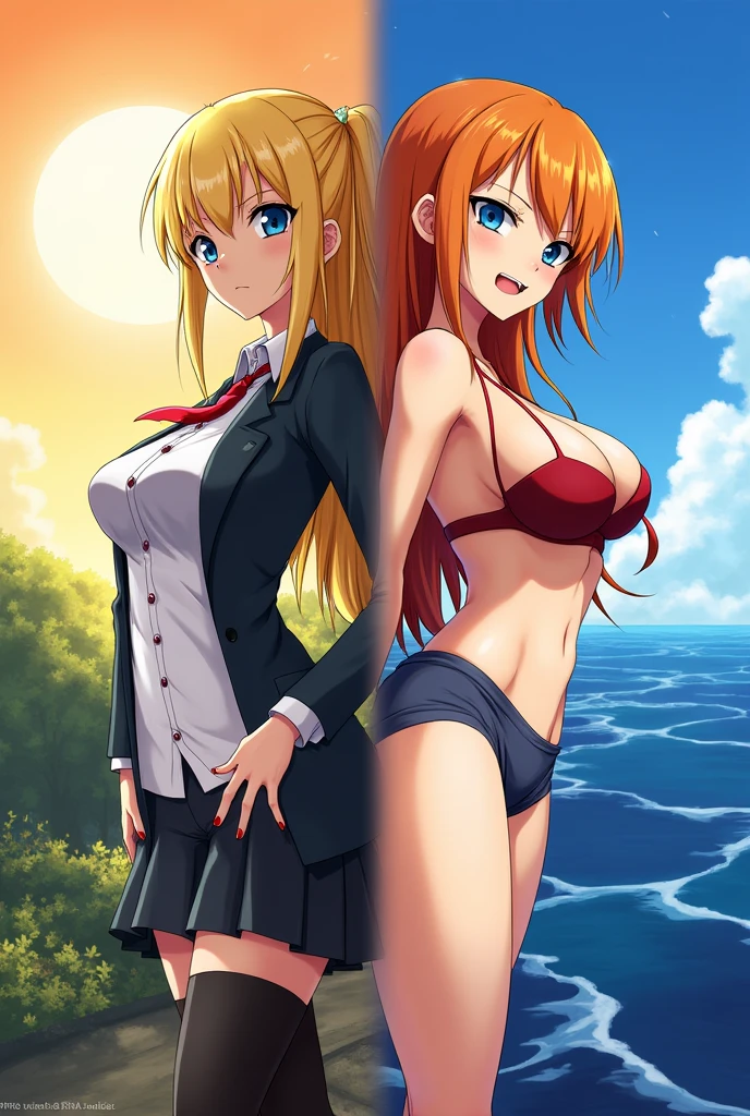 A wallpaper split in half diagonally 1 said is akino from high School dxd and other said is nami from one piece diagonally