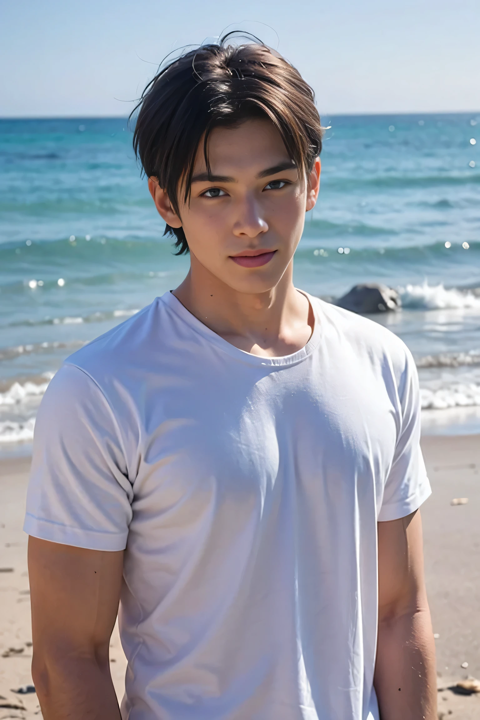 Handsome man with short hair , beach