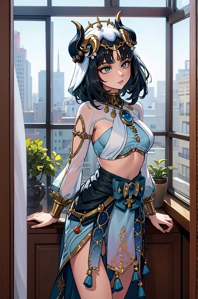 Cute sexy girl with very short black hair, Nilou from Genshin Impact costume, Nilou clothes, Nilou from Genshin Impact cosplay, horns, apartment in the background, an ordinary modern room