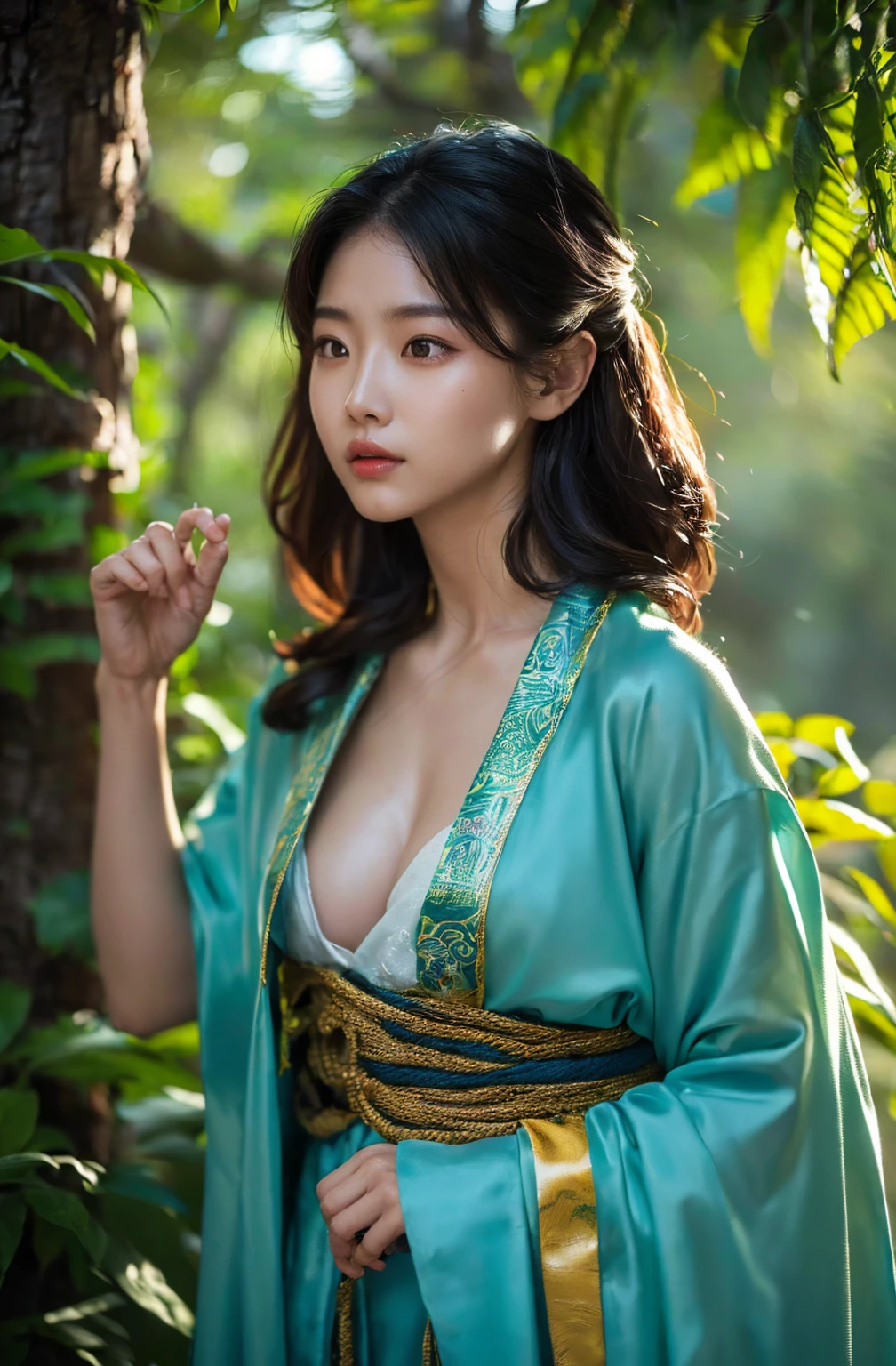 (A 30-year-old Korean female, her skin glowing with the warmth of the tropical sun, standing confidently amidst the dense foliage of an Amazonian forest. She is dressed in the traditional attire of a primitive tribe, with intricate beads and feathers adorning her hair and body, reflecting her seamless integration into the local culture. Her eyes, sharp and focused, convey a sense of belonging and respect for her surroundings. Her outfit is made of natural fibers and dyes, allowing her to blend almost imperceptibly with the vibrant greenery. The forest around her is alive with the sounds of exotic wildlife, the vibrant colors of various flora and fauna popping against the deep shadows cast by the towering trees. Her posture suggests she is an esteemed member of the tribe, possibly a healer or leader, with a gentle authority in her stance. The way the light filters through the canopy highlights the rich textures of her clothing and the tribal tattoos that trace her arms, hinting at the deep spiritual connection she shares with the ancient knowledge of the rainforest. The scene is one of harmony and adaptability, showcasing a modern woman who has found her place in an untouched, timeless world. ultra-realistic, hyper-detailed, crisp ,ultra-clear, perfect brightness and contrast balance, real skin textures, high-res photography, (8K:1.5), healthy skin tone, real body shadows, apply real character ethnicity, apply real character skin tone, maximum resolution, vibrant-color, photorealistic, photorealistic clarity, photographic precision, detailed textures, flawless detail, crisp, ((lifelike perfect natural eyes similar to real character:1.3)), ((high-definition)), ultra-fine detail, cutting-edge resolution, breathtaking resolution, lifelike detail, vivid, vibrant, iconic, (awe-inspiring:1.3), immaculate, realistic, (breathtaking:1.5), (twinkle in here eyes:1.5), absolutely unforgettable, ravishing, really awesome, real-life perception, real-life situation, ,, , ,), (is Ko